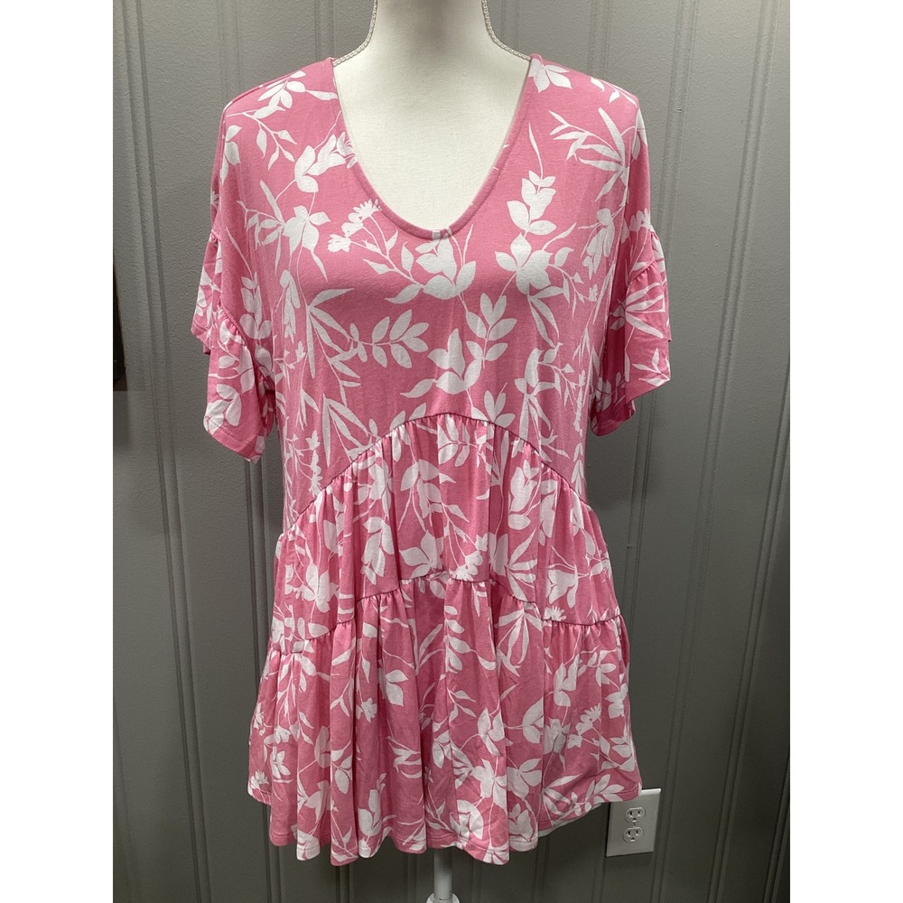 Emerald Pink White Floral Tiered Ruffle V Neck Tunic Top Womens Size L - Picture 1 of 3